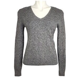 Pure Cashmere Women's Grey 100% Pure Cashmere Cable Knit V-Neck Sweater Medium